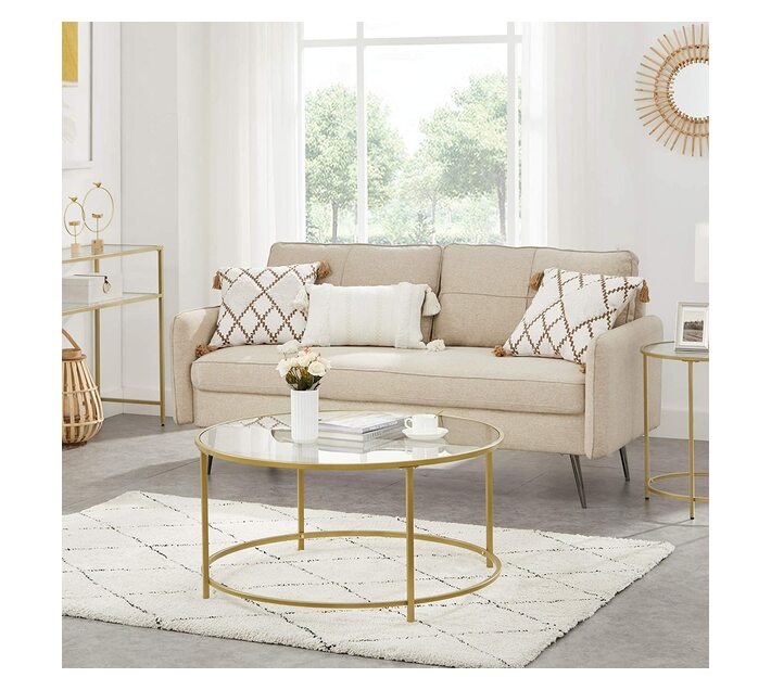 Lifespace Round Glass Coffee Centre Table with Gold Frame Makro