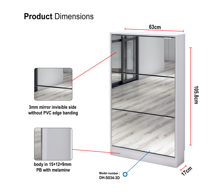 Fine Living Mirror Shoe Cabinet 3 Tier With Draw Home Decor