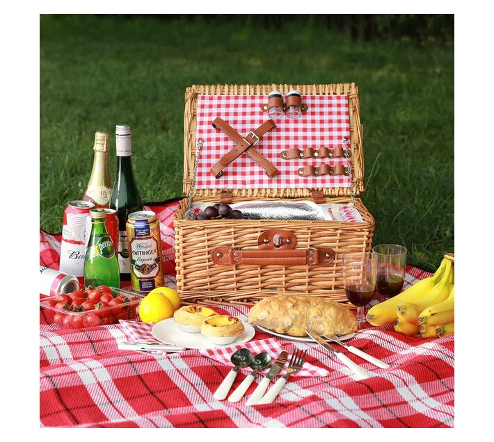 Picnic Basket with Cooler Bag for 2People Red Checkered Design Makro