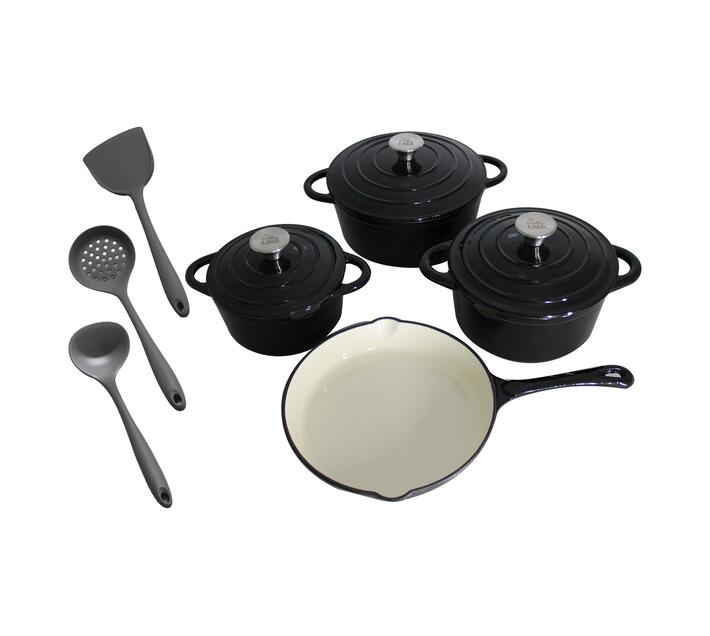 LMA 10 Piece Black Cast-Iron Cookware Pots and Silicone Kitchen Utensil ...