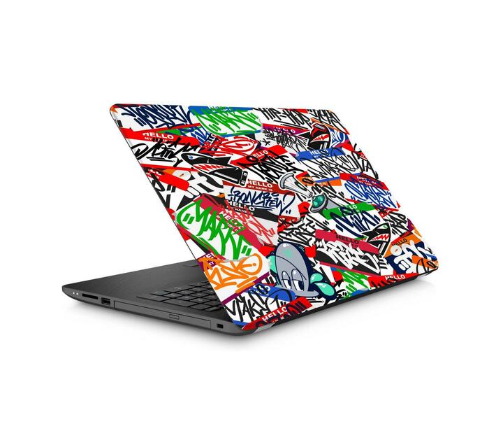 laptop covered in stickers